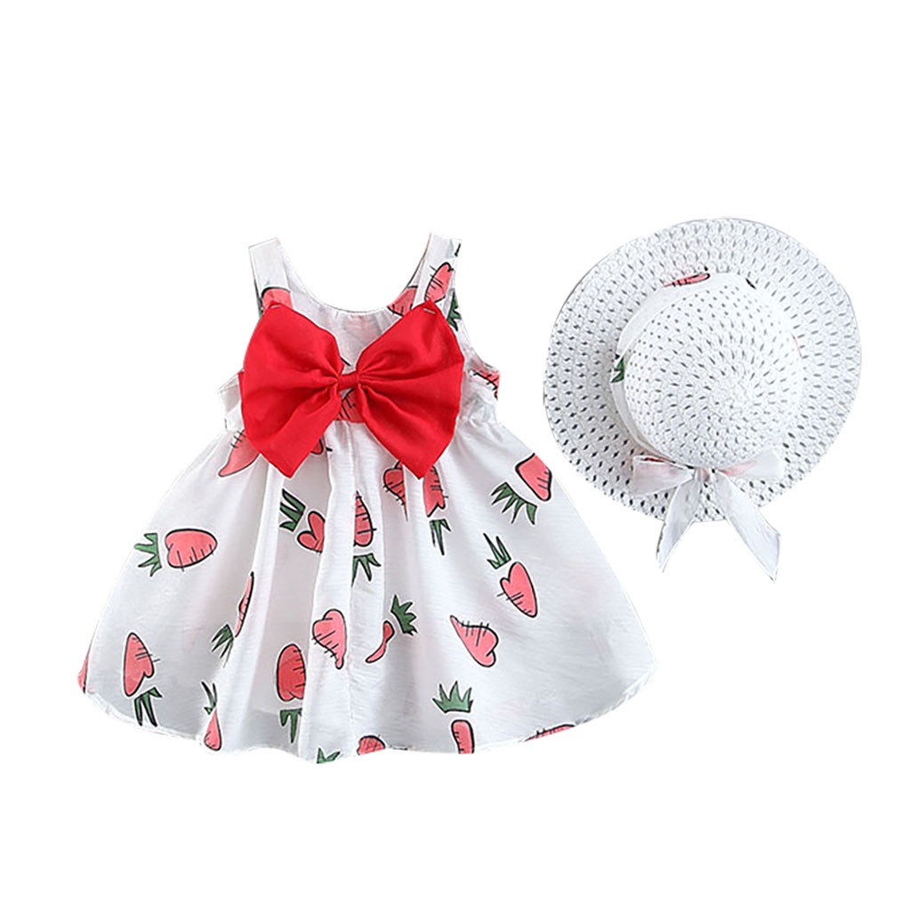 JSCDRPDWL Baby Girl Clothes Toddler Baby Girls Fruit Carrots Print Bow Princess Dress Casual Clothes Hat Baby Girls' Clothing Red 2-3 Years